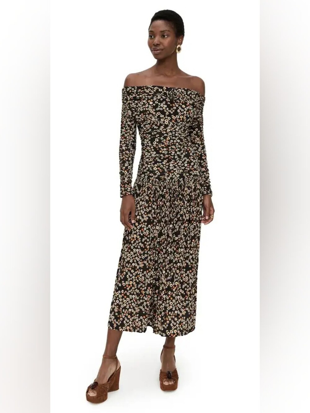 FARM RIO Tiny Dark Floral Off-Shoulder Feminine Long Sleves Maxi Dress Medium